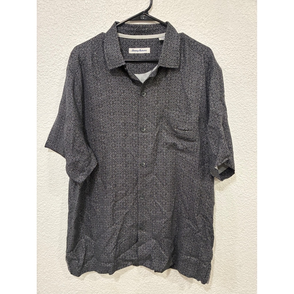 Tommy Bahama Mens Large 100% Silk Short Sleeve Button Down Shirt Geometric Black